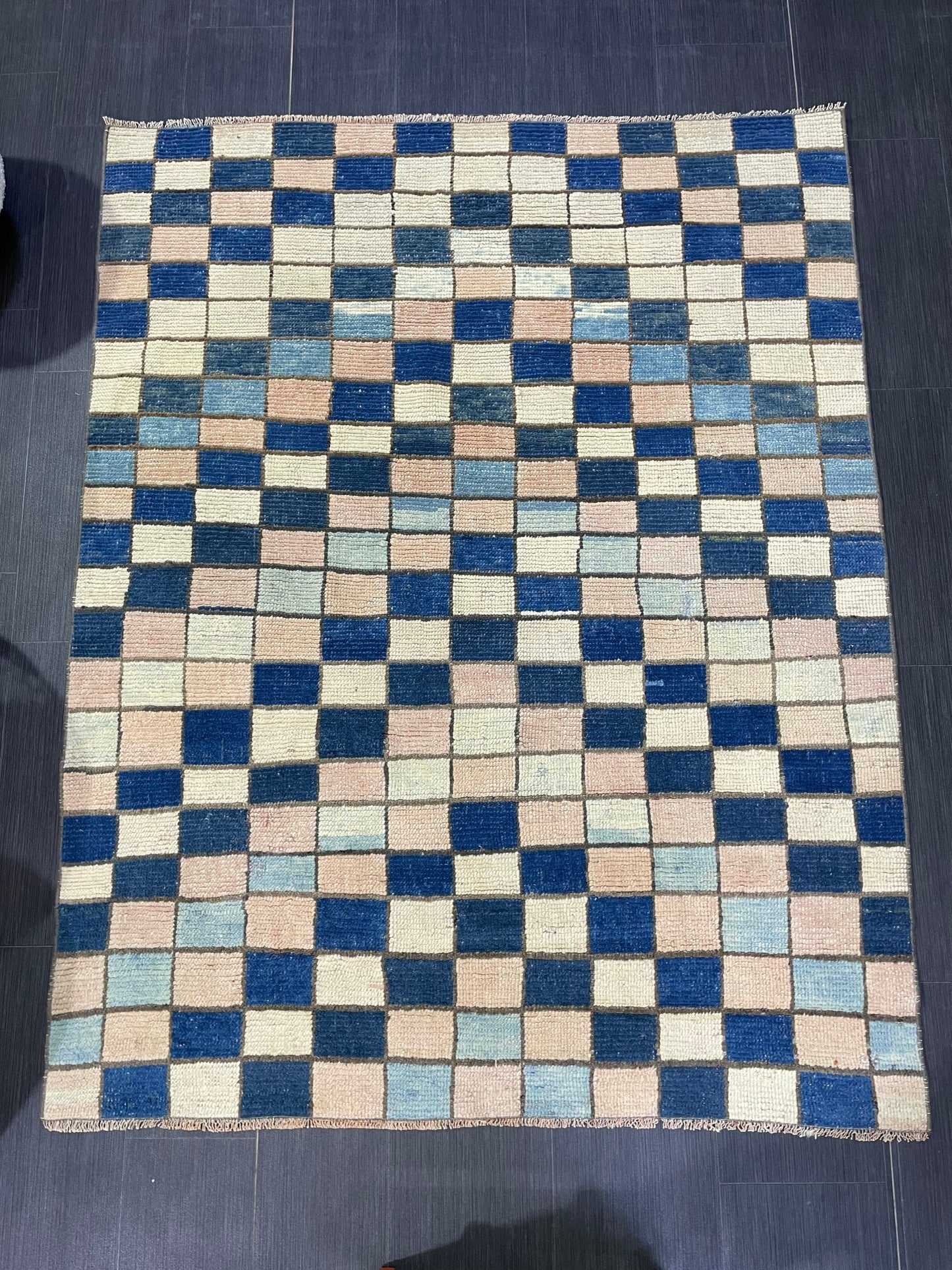 Persian Rug, Vintage 4.7 x 5.10 Rug, Navy Blue Hand Knotted Rug, HANDMADE Rug, Geometric Turkish Rug, Oushak Rug, Oriental Rug, Wool Rug