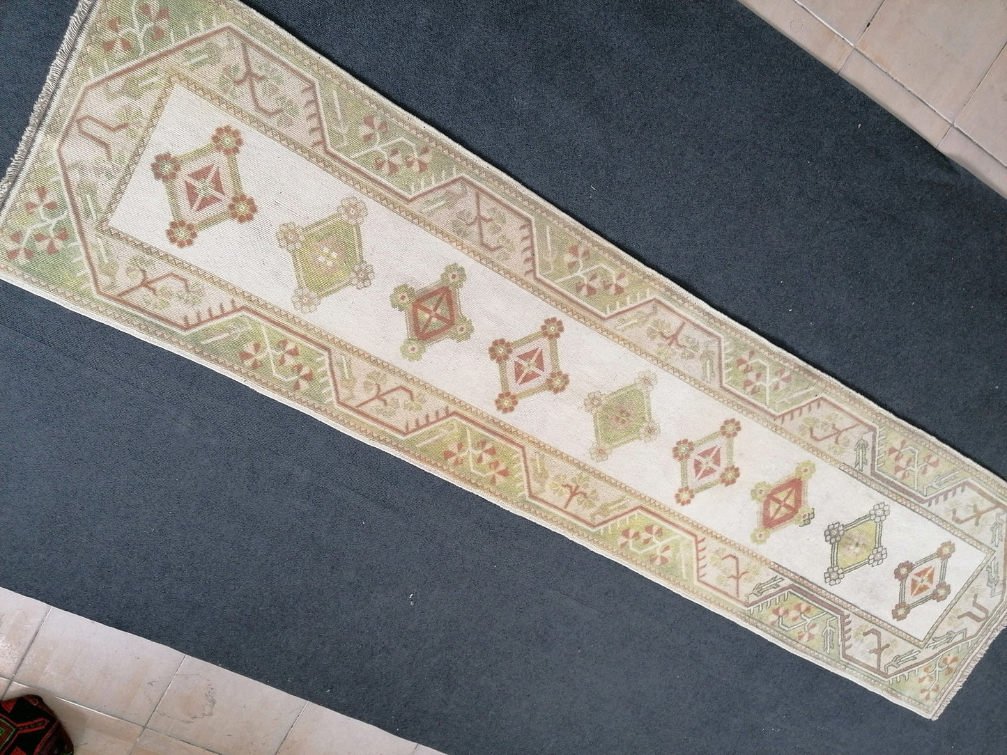 Pastel green runner rug, 2'5x9'5 faded runner rug, turkish runner rug, vintage runner rug, hallway runner rug, kitchen runner