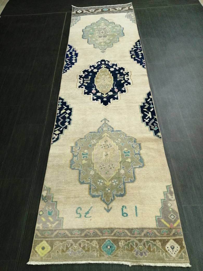 Vintage Runner Rug 2.7 x 10.6 Hallway Runner Rug Muted Kitchen Runner Rug Muted Wool Runner Rug Oushak Runner Rug Turkish Rug Runner