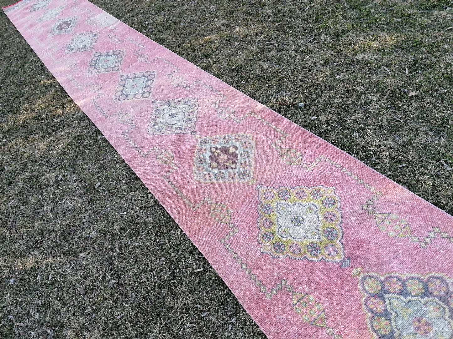 Vintage runner rug 2.10 x 22.10 pink runner rug, oushak wool handmade runner