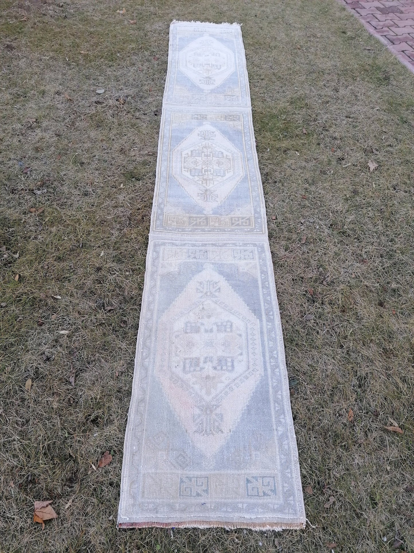 1'9x10'5 muted blue runner rug, faded vintage turkish runner, hallway runner rug, kicthen runner rug, oushak runner rug