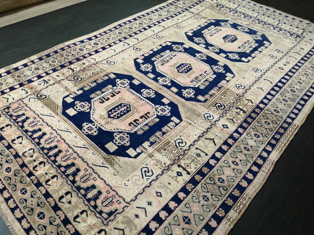 Vintage Rug, 5.7 x 9.7 Rug, Turkish Rugs, Hand Made Rug, Persian Rug Turkish Rug, 5x10 Rug, Vintage Rug Pink and Navy Oriental Rug 6x10