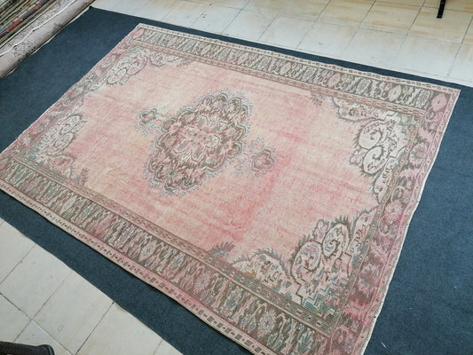 6 x 8.6 oushak rug, distressed wool rug, rustic turkish handmade rug, hand knotted rug.