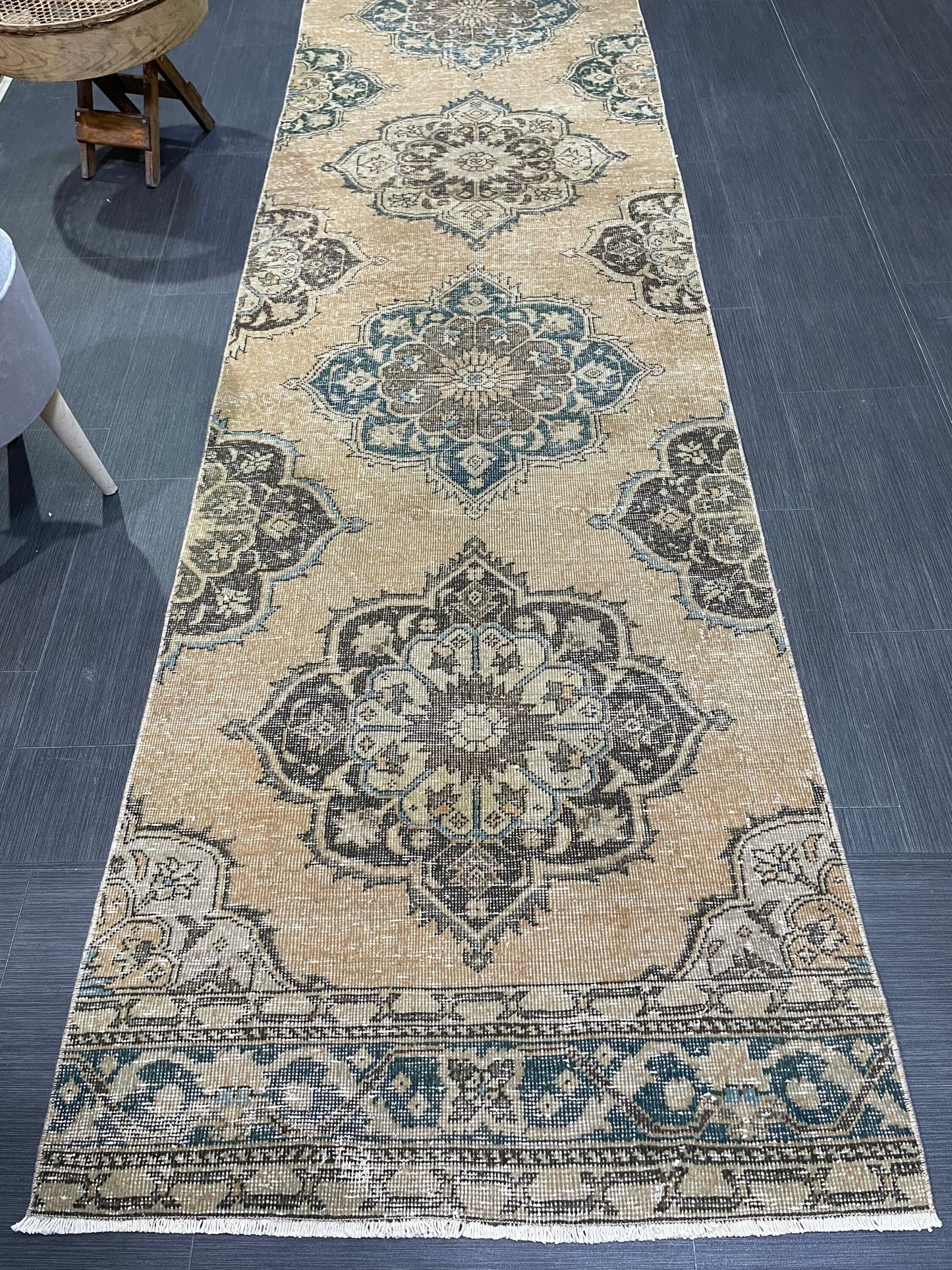 Muted Handmade Runner Rug, Turkish Runner 2.10 x 13 Rug, Vintage Runner Rug Hallway Runner Rug, Hand Knotted Runner Rug, Persian Runner