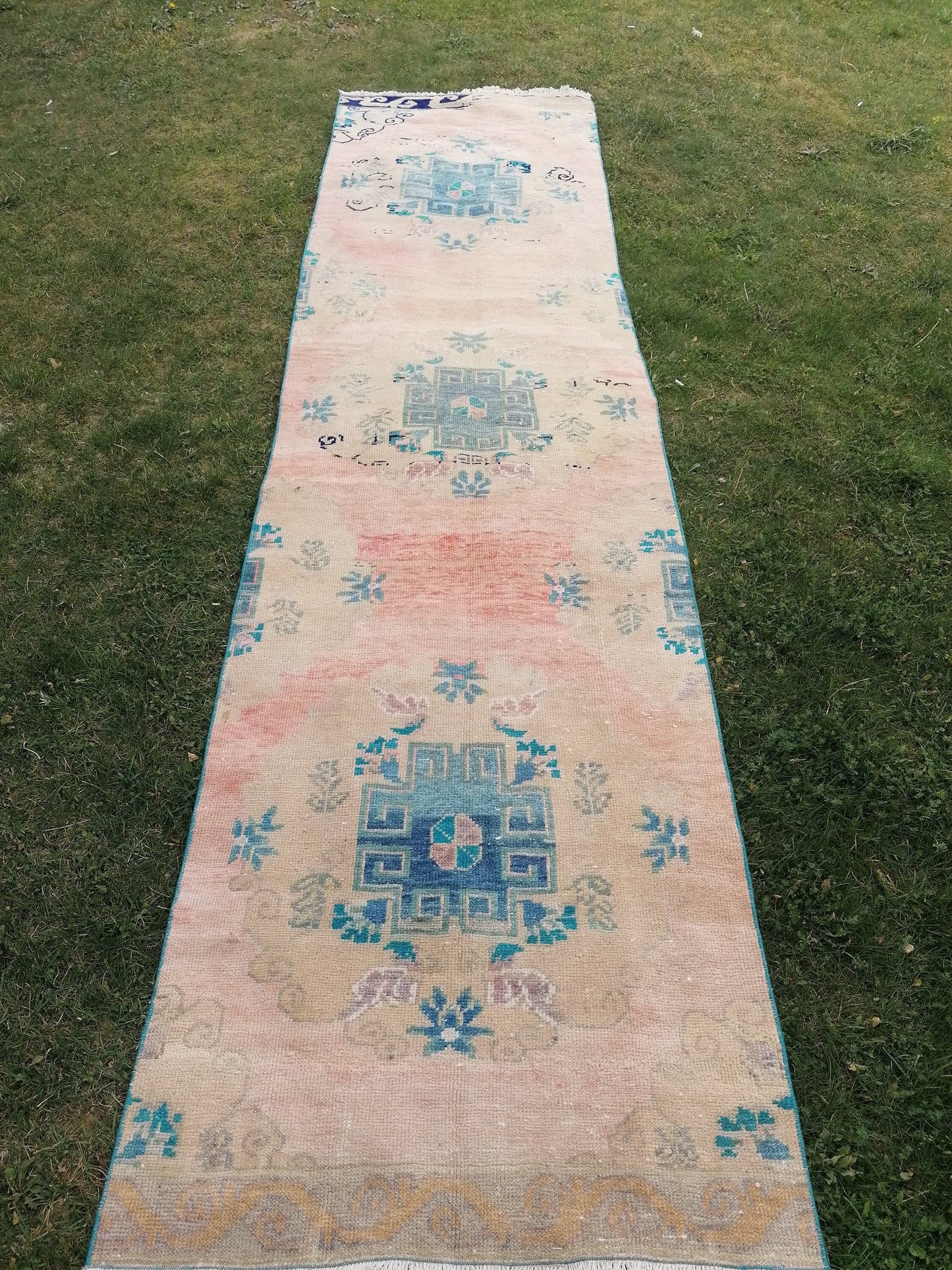 3 x 12 Turkish wool runner rug, blue runner rug, vintage runner rug, kitchen runner rug,hallway runner rug, oushak runner