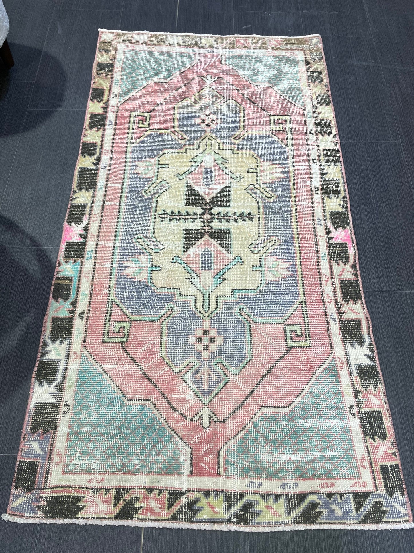 Turkish Rug, Hand Knotted Rug, 2.7 x 5 Living Room Rug, Bathroom Rug, Vanity Rug, Vintage Oushak Rug, Wool Vintage Rugs, Distressed Rug