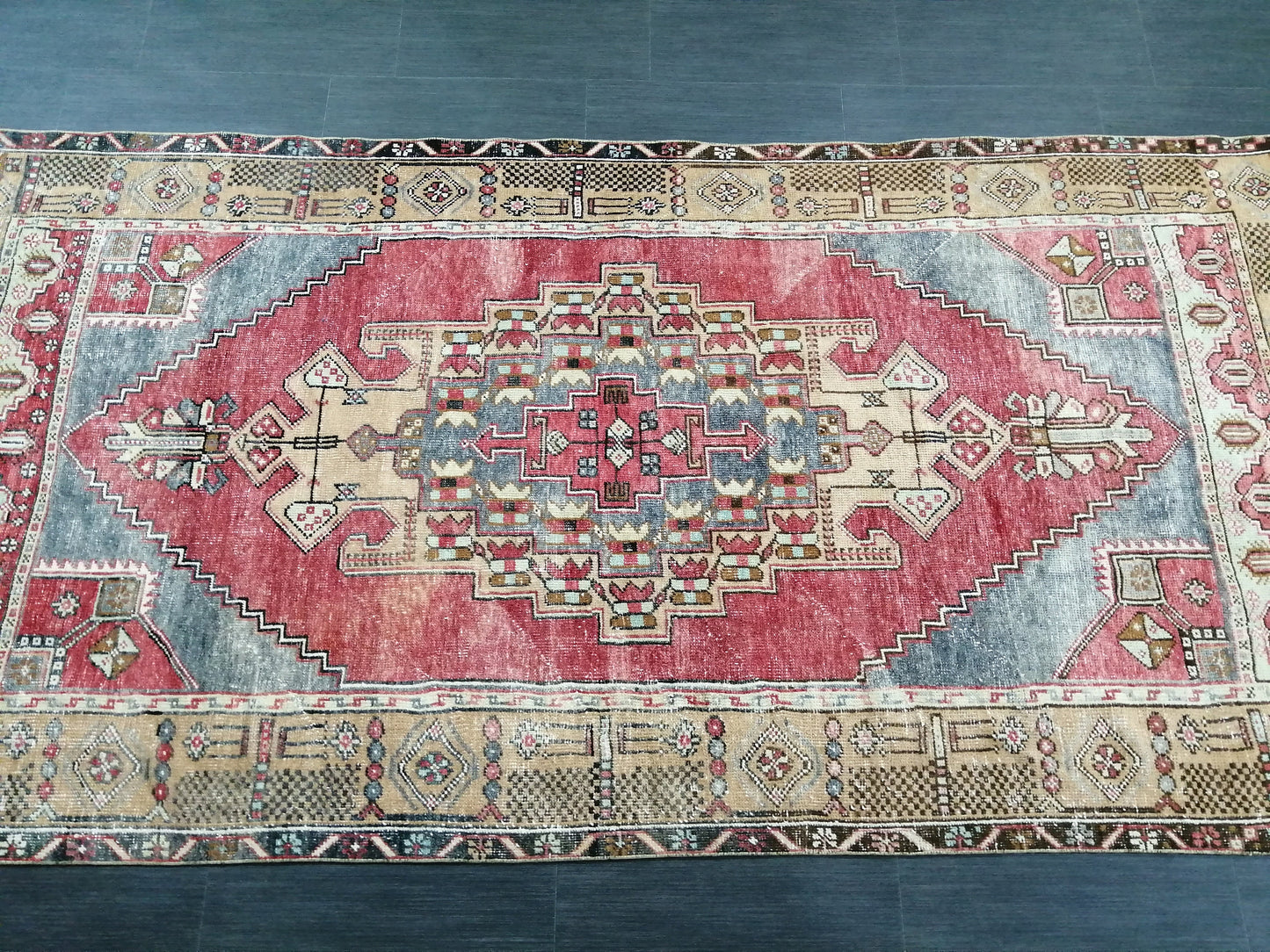 Muted OUSHAK RUG 4.2 x 8.3 Muted Vintage Rug Vintage Rug Ice Blue Wool Oushak Rug Hand Made Rugs Vintage Turkish Rug