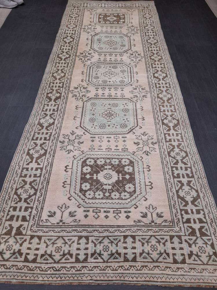 Vintage TURKISH Runner Rug Vintage Runner Rug 4.4 x 12.2 Oriental Runner Rug Wool Oushak Rug Hand Knotted Rugs Vintage Turkish Runner Rug