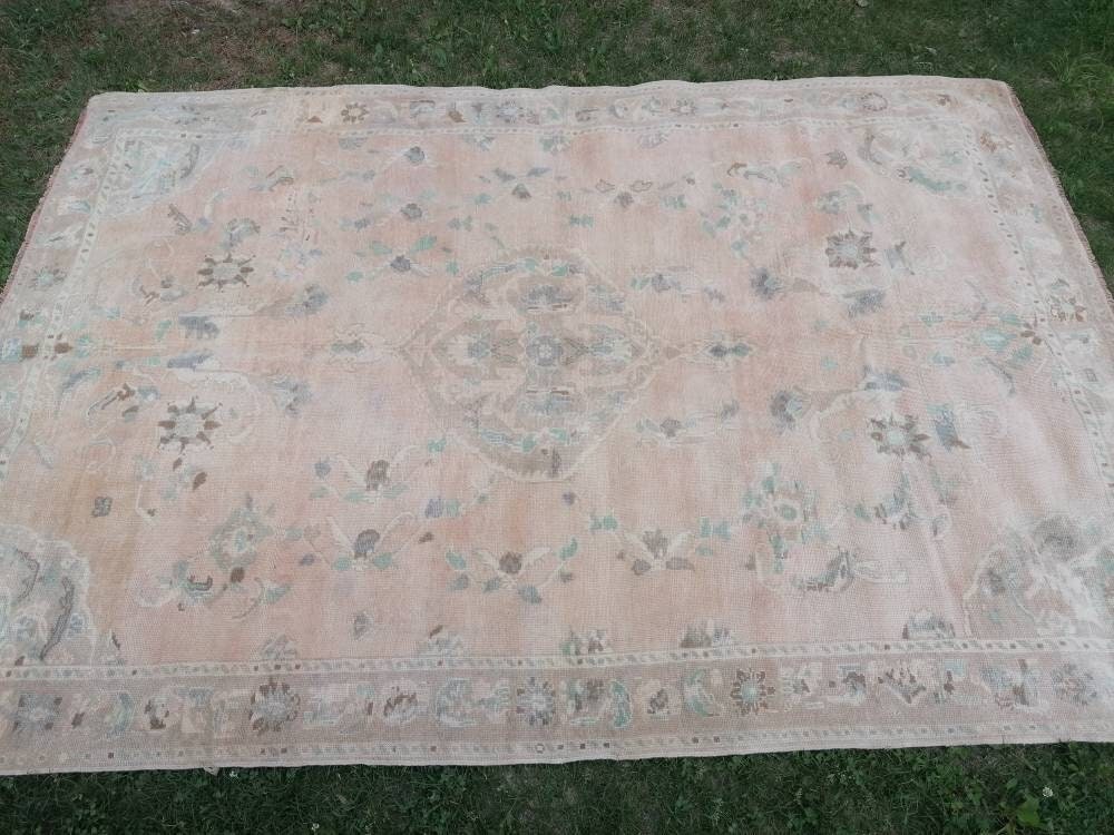 Faded turkish oushak rug 6'7x9'6 large vintage oushak rug, unique hand made rug, bohemian rug