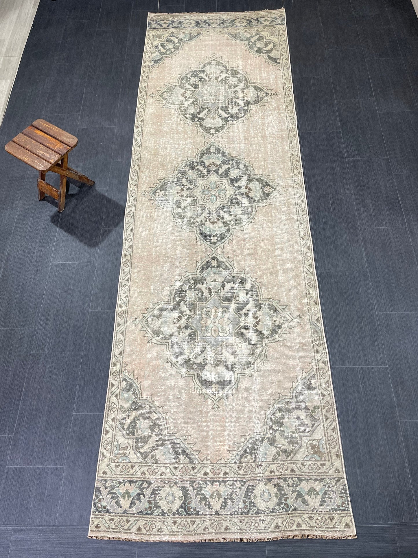 3.4 x 11.2 Faded Oushak Runner Rug Turkish Runner Rug Distressed Vintage Runner Rug Hallway Runner Kitchen Runner Wool Pastel Pink And Green