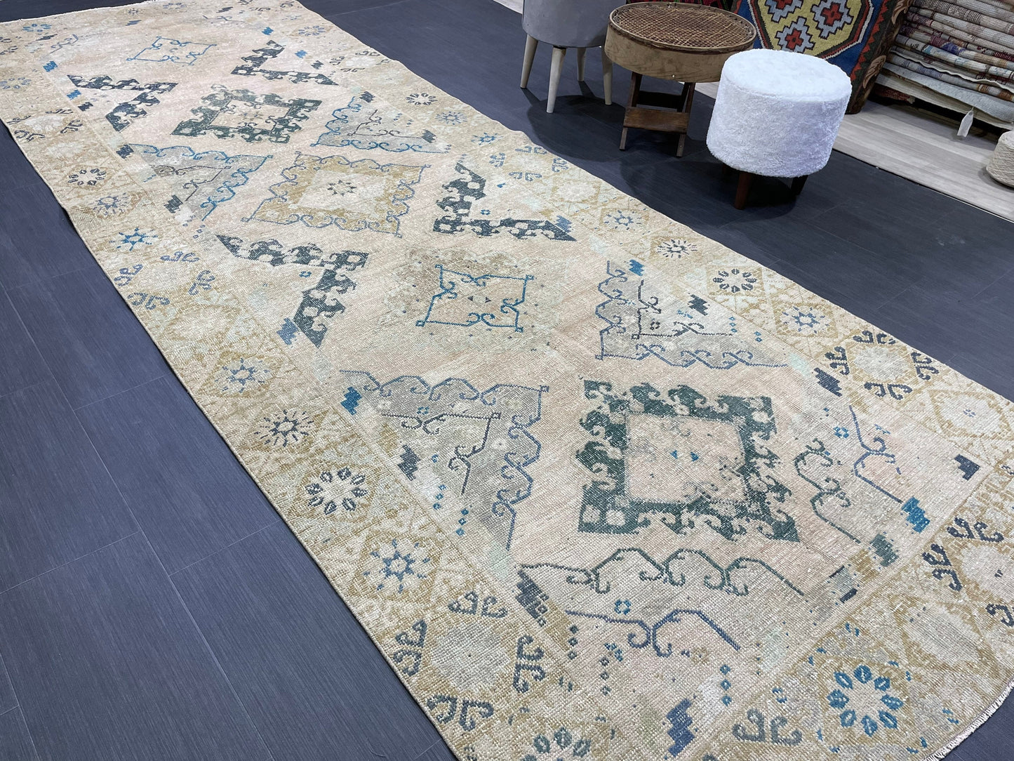 Vintage RUG, Antique Rug, 4.6 x 12.9 Distressed Muted Rug, Muted Wool Neutral Rug, Handmade Rug, Vintage Turkish Rug, Hand Knotted Rug,