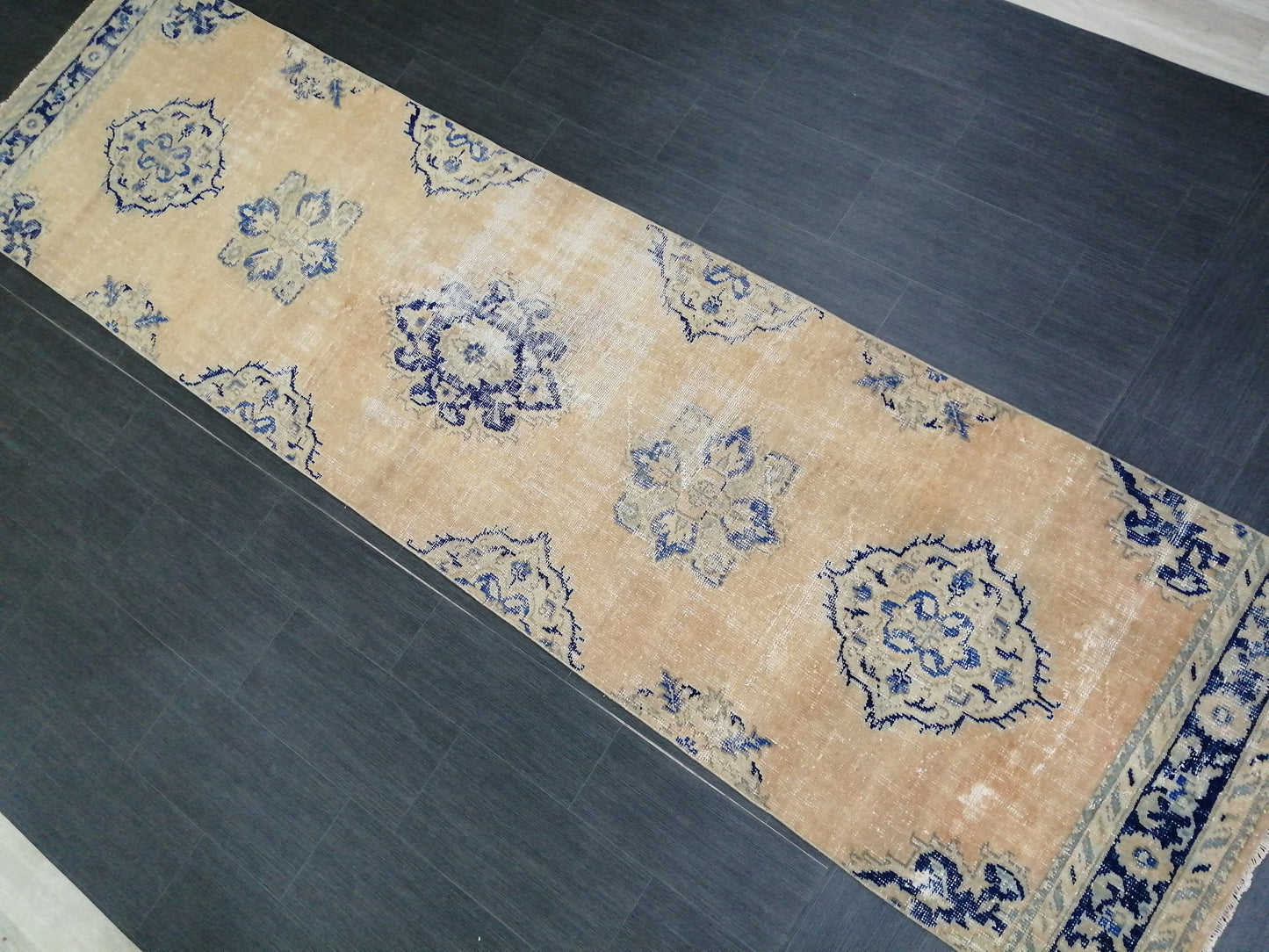 3 x 12 Blue Oushak Runner Rug Turkish Runner Rug Vintage Runner Rug Hallway Runner Rug Kitchen Runner Rug Wool Runner Rug Wool Oushak Rug