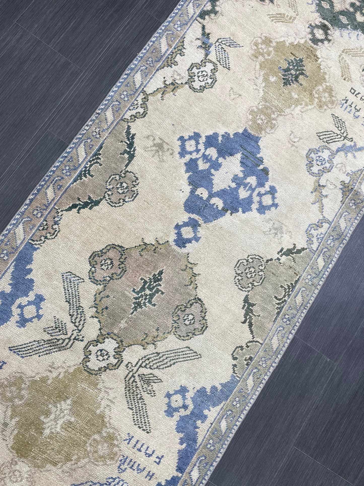 Blue Green Turkish Oushak Runner Rug 3x13 ft Turkish Runner Rug XL Vintage Runner Rug Long Hallway Runner Rug Kitchen Runner Wool Pile