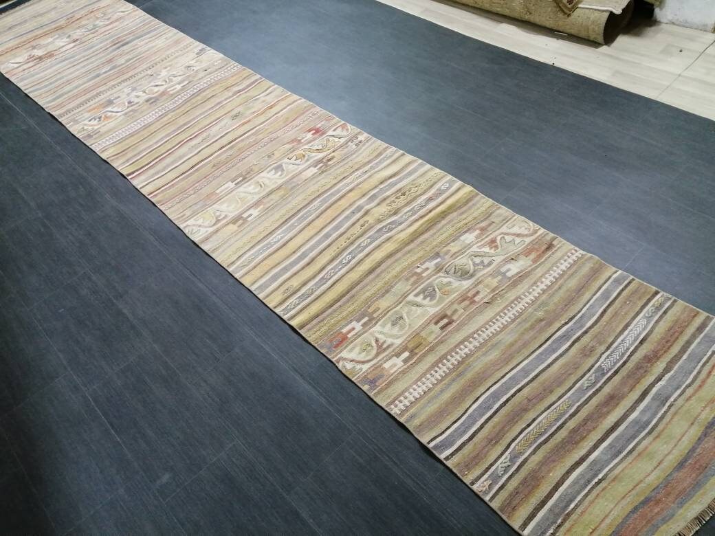 Vintage Runner rug 2.9 x 15.4 Flat woven Runner Kilim Rug With Embroidery XL Oriental Runner Carpet, Vintage Kilim Rug Wool 3x16 Carpet Rug