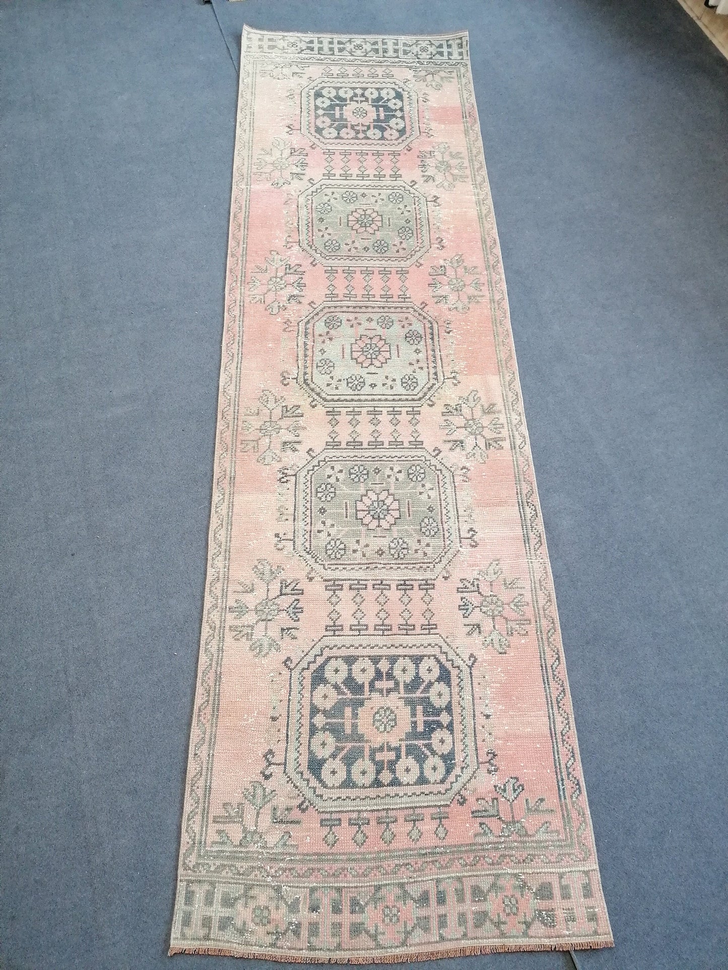 3x10'6 oushak turkish runner rug, vintage green wool runner rug, vintage anatolian hand made rug,kitchen runner rug