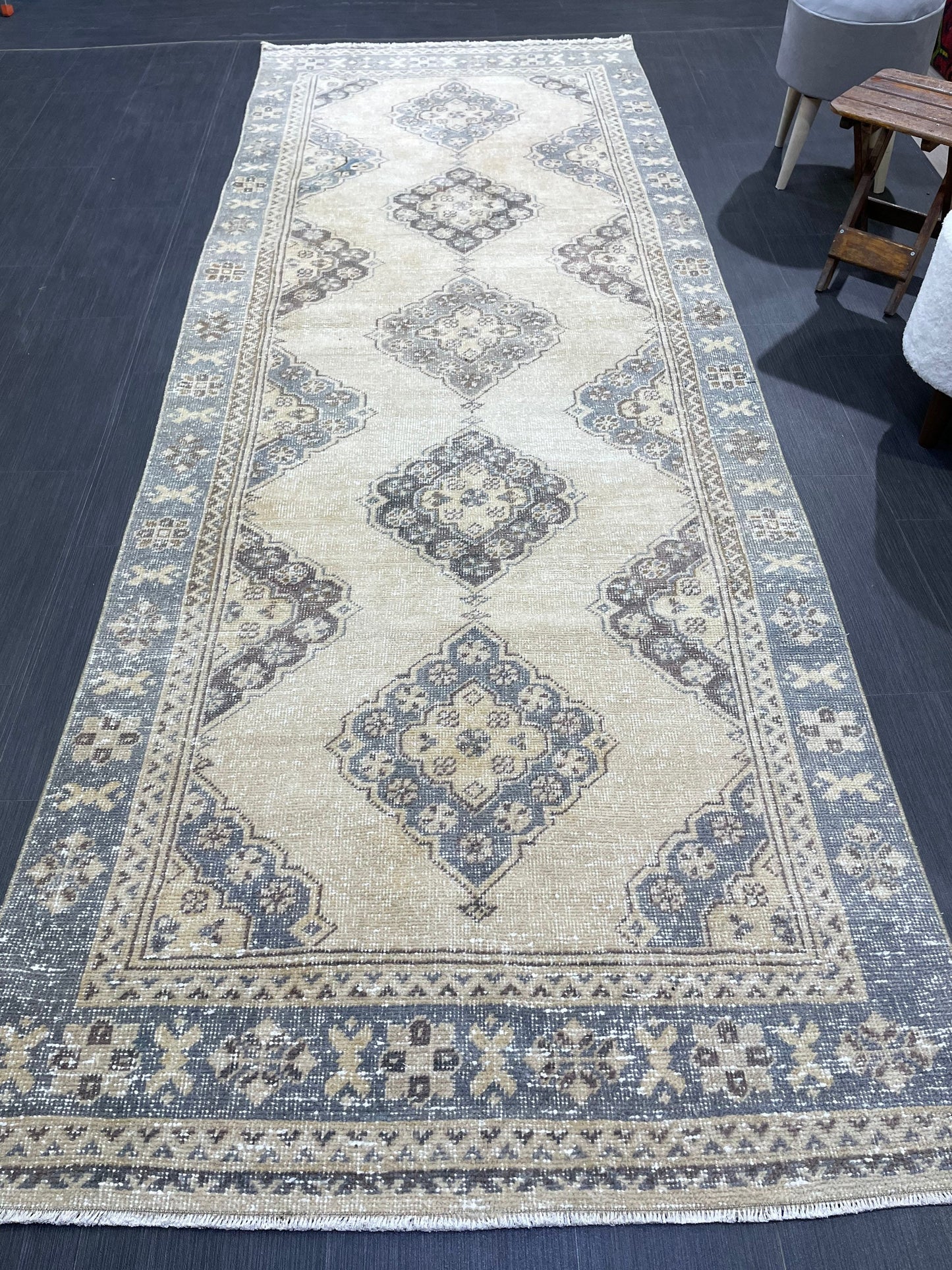 Hand Knotted Runner Rug Turkish Runner 3.8 x 10.8 Rug Vintage Gray Blue Runner Rug Hallway Runner Kitchen Runner Country modern Runner Rug