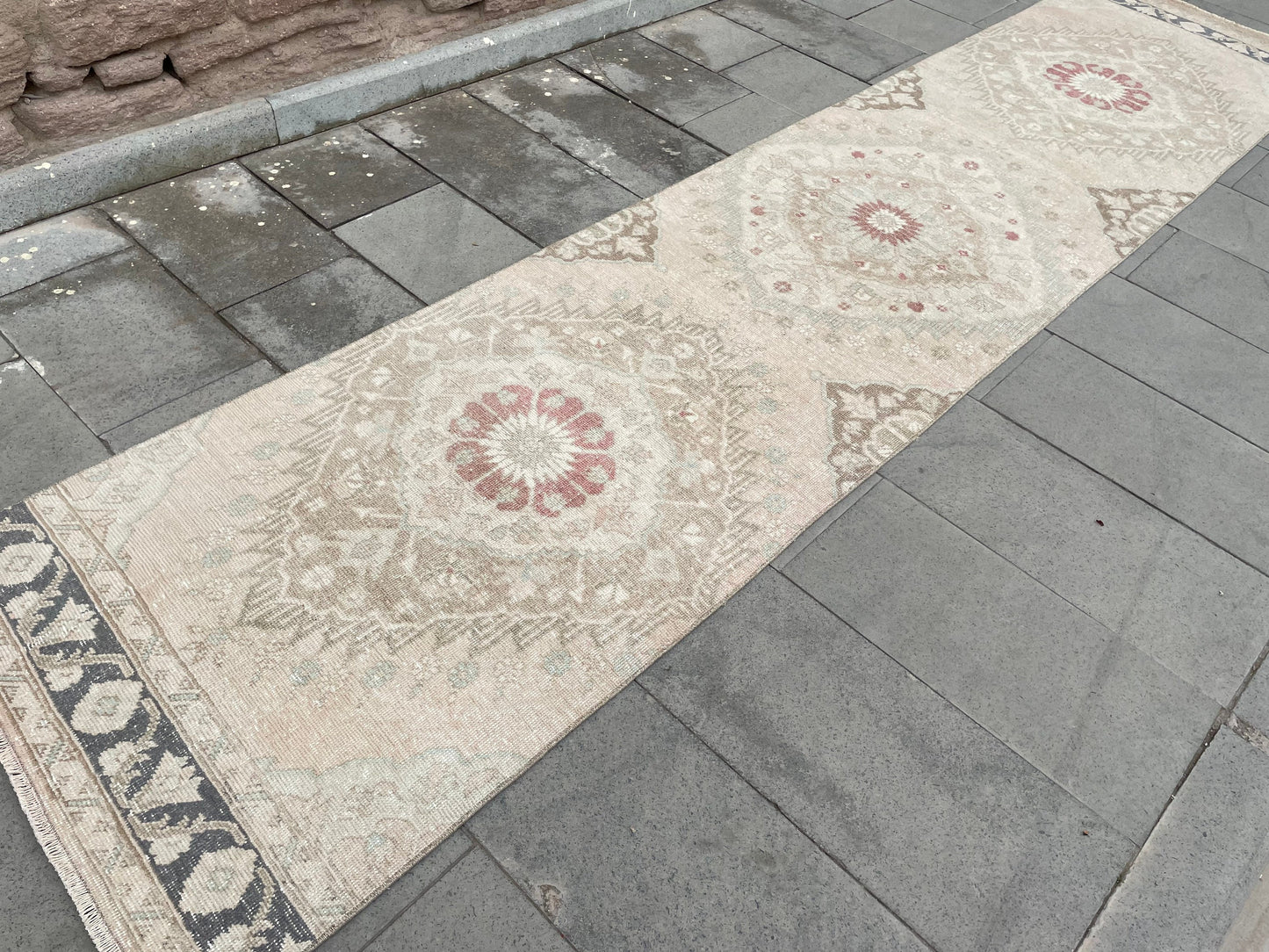 Muted Vintage Runner Rug, Turkish Runner 2.8 x 12.5 Rug, Handmade Runner Hallway Runner Soft Pink Kitchen Runner Rug Wool Runner Oushak Rug