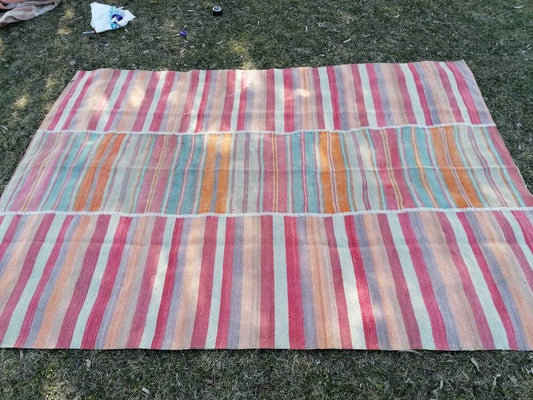 6.4 x 8.8 Flatwoven kilim rug stripe handmade rugs, turkish oushak rug, wool rug