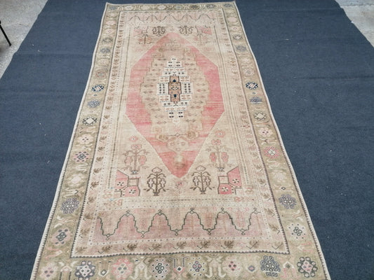 4.10 x 9.6 Soft oushak rug, muted soft colors rug, vintage rug, rustic unsual tribal rug