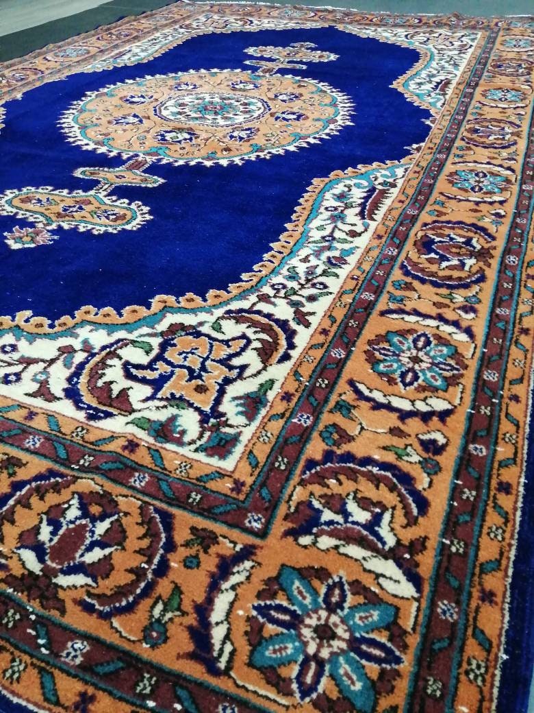 Navy High Wool Pile OUSHAK RUG 7 x 10.7 TURKISH Oushak Rug Vintage High Pile Oushak Rug Vintage Rug Wool Oushak Rug Blue Rugs Persian Rug