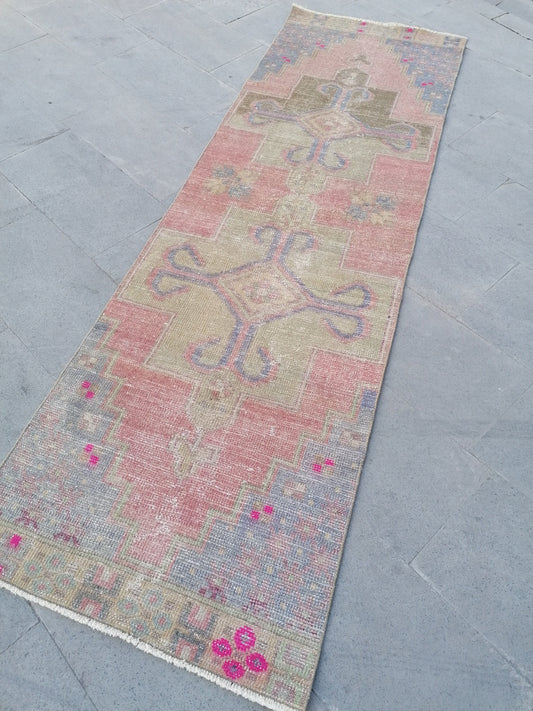 Runner rug 2'7x8'3 distressed vintage runner , rustic hand made wool runner