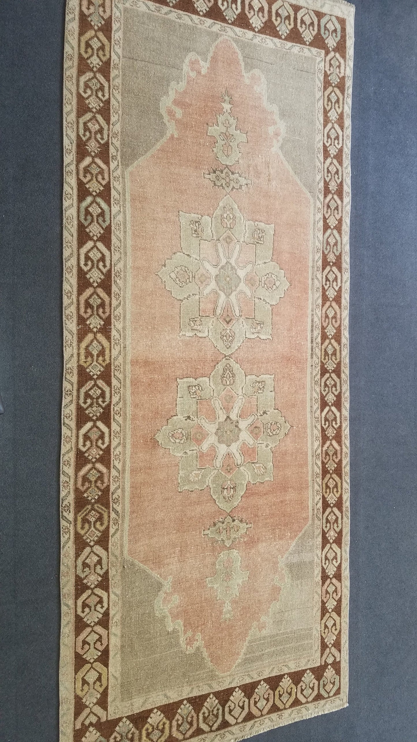 Turkish oushak rug,muted runner rug, pastel vintage wool rug,turkish handmade runner rug,rustic rug, bohemian rug 3'9x9'5 ft