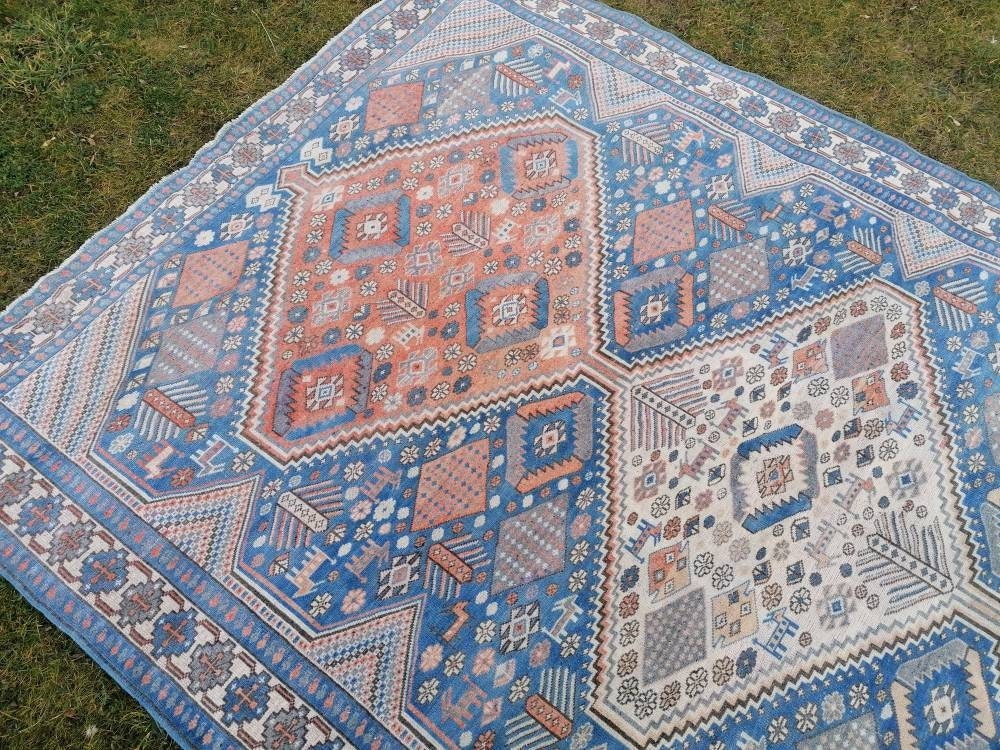 Turkish blue wool rug 6'8x10 large oushak vintage rug, unique hand made, living room rug