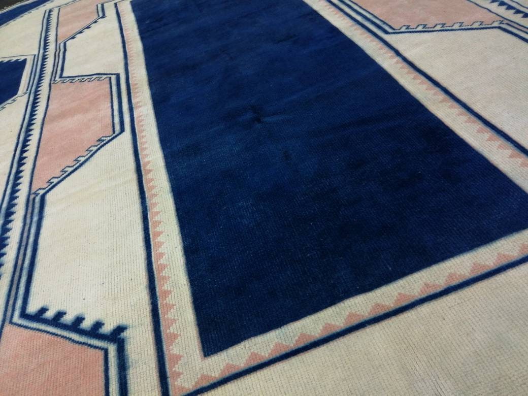 Vintage Rug, Navy Unique Pattern Rug 6.8 x 9.8 Oushak Rugs, 7x10 Rugs,Turkish Rugs Navy Blush Green Rugs, Oriental Rug, Fine Rugs