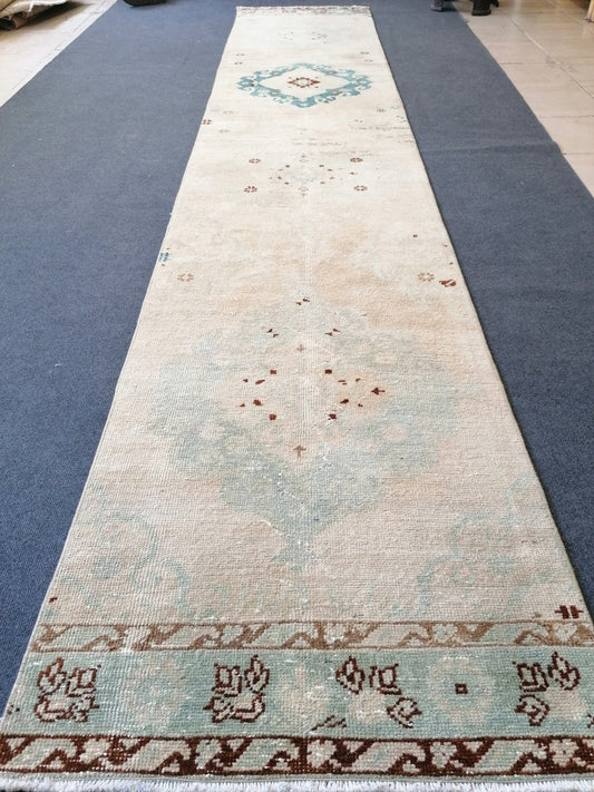 2.6 x 12.9 muted runner rug,vintage turkish rug,oushak vintage rug,kitchen rug,