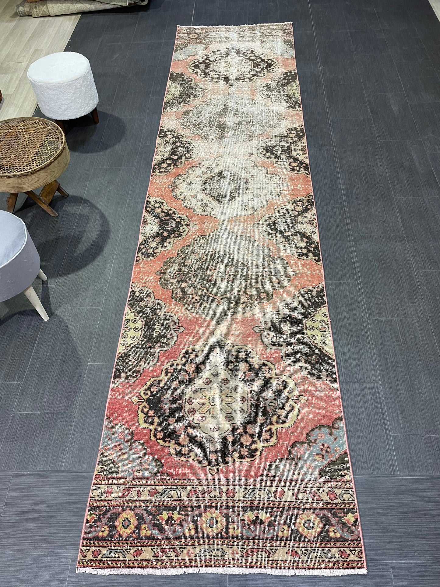 Turkish Distressed Runner Rug, Persian Runner 3 x 12 Rug, Vintage Runner Rug, Hallway Runner Rug, Kitchen Runner Rug, Wool Runner Rug