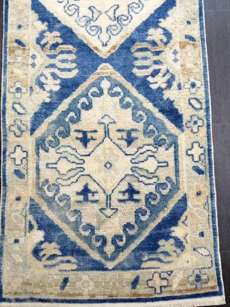 Blue Turkish Oushak Runner 2.8 x 14.5 Turkish Runner Rug XL Vintage Runner Rug Long Hallway Runner Rug Kitchen Runner High Wool Pile Runner