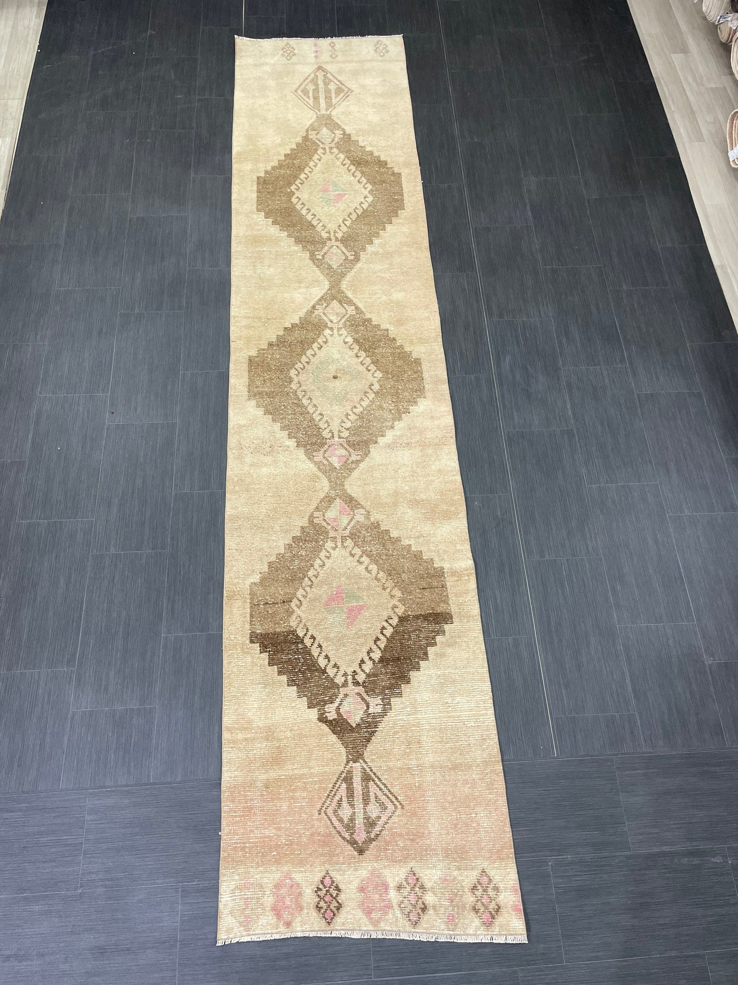 Muted Vintage Runner Rug 2.6 x 12.2 Hand Made Runner Rug Turkish Runner Rug Pink Vintage Runner Rug Hallway Runner Rug Wool Kitchen Runner