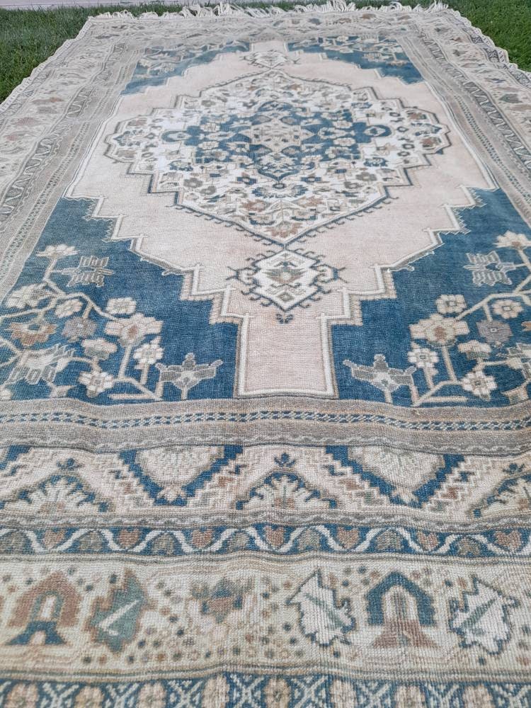 Muted TURKISH Rug Vintage Oriental Rug Vintage Persian Rug Blue OUSHAK RUG 6 x 10 Oushak Rug Hand Made Rug Vintage Excellent Condition Rug
