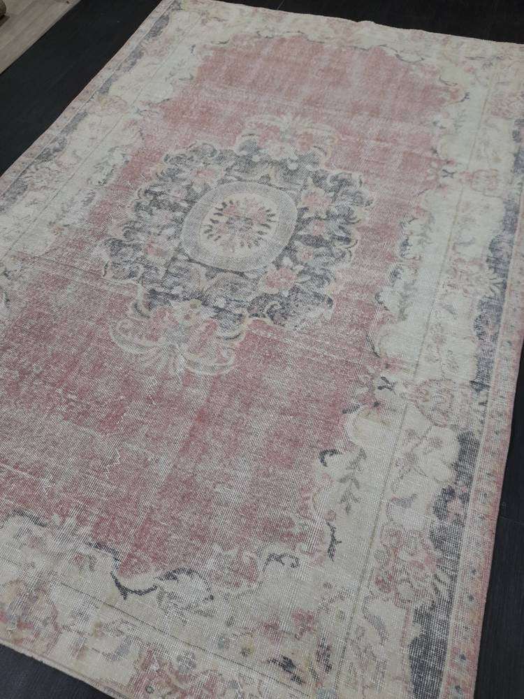 Distressed Vintage Rug TURKISH HAND MADE Rug 6 x 8.8 Vintage Turkish Rug Oushak Rug Turkish Oriental Rug Persian Vintage Oushak Rug Wool Rug