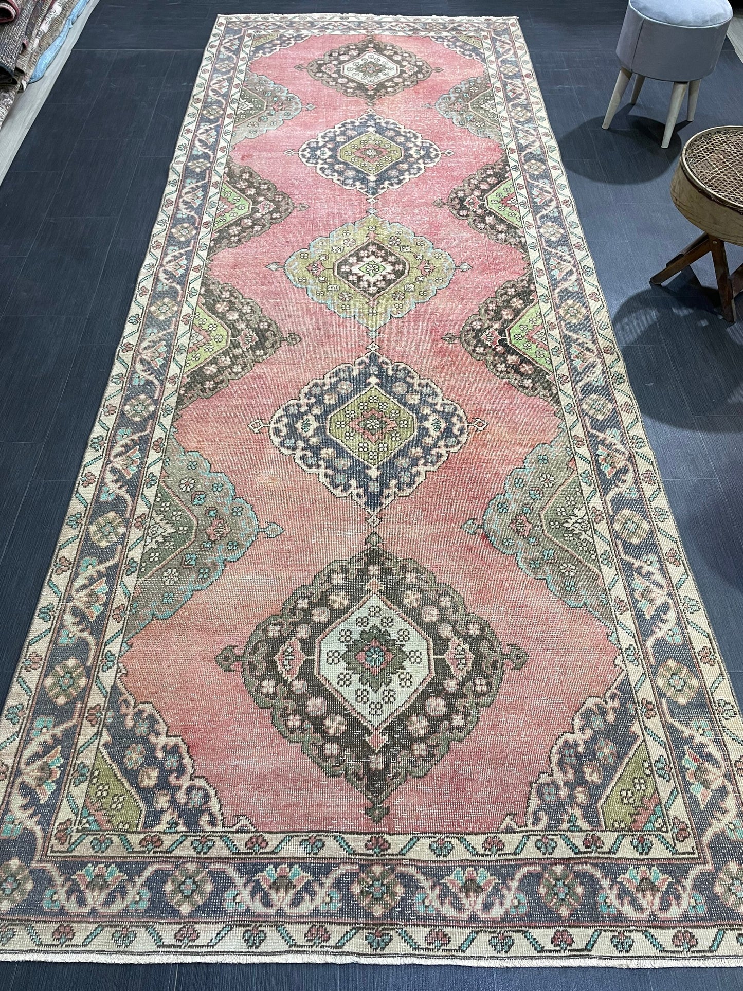 Vintage Runner rug, Muted 4.9 x 12 Runner RUG, TURKISH Runner, Pink Runner Rug, Pastel Oushak Rug ,Natural Wool Runner Rugs, Handmade Runner