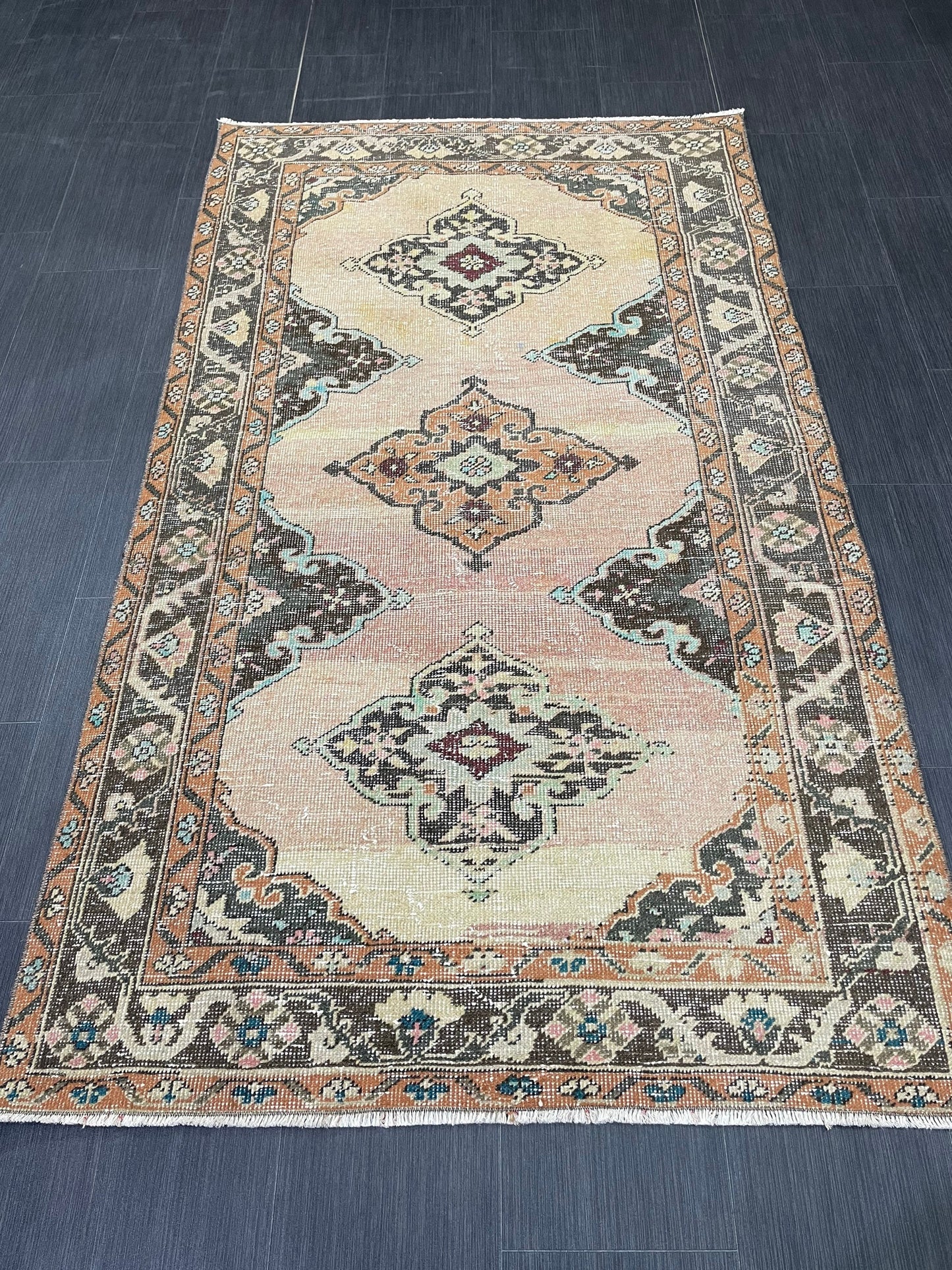 Handmade Turkish 3.8 x 6.5 Rug Handmade Rug Turkish Rug Hand Knotted Rug Muted Oushak Rug, Farmhouse Rug, Vintage Rug, Wool rug