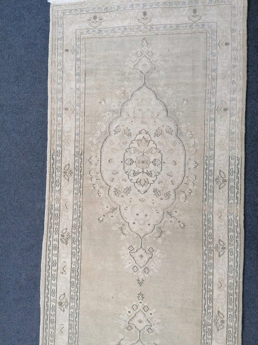 Faded hallway runner rug, 11'5x2'9, pastel runner rug, faded turkish runner rug, vintage runner rug, muted entryway rug,oushak runner rug