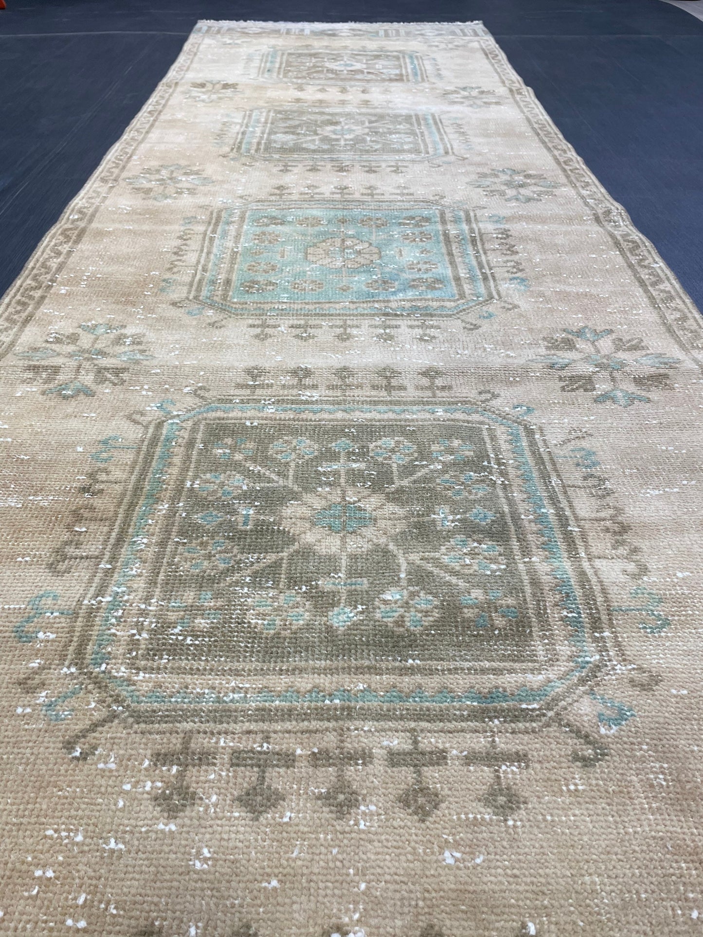 Muted Vintage Runner Rug 3.2 x 11.8 Hand Knotted Runner Rug Turkish Runner Rug Vintage Runner Rug Hallway Runner Rug Wool Kitchen Runner