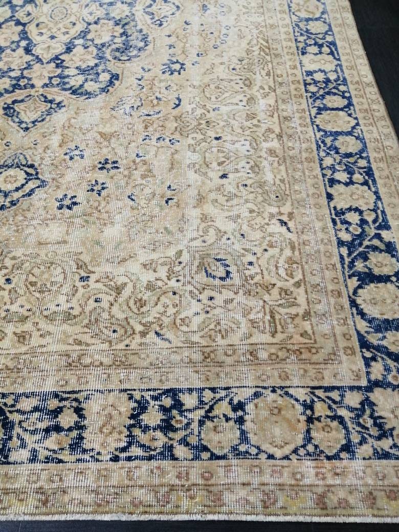 Large Persian RUG 7x10 Oriental Rug Vintage Oushak Runner Rug Rug Wool Turkish Rug Hand Made Rug Blue Vintage Persian Rug Blue and cream