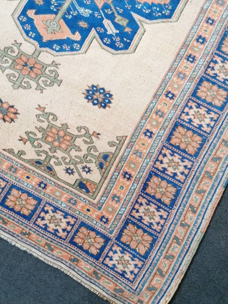 Turkish blue wool rug, vintage oushak rug 5x6'8