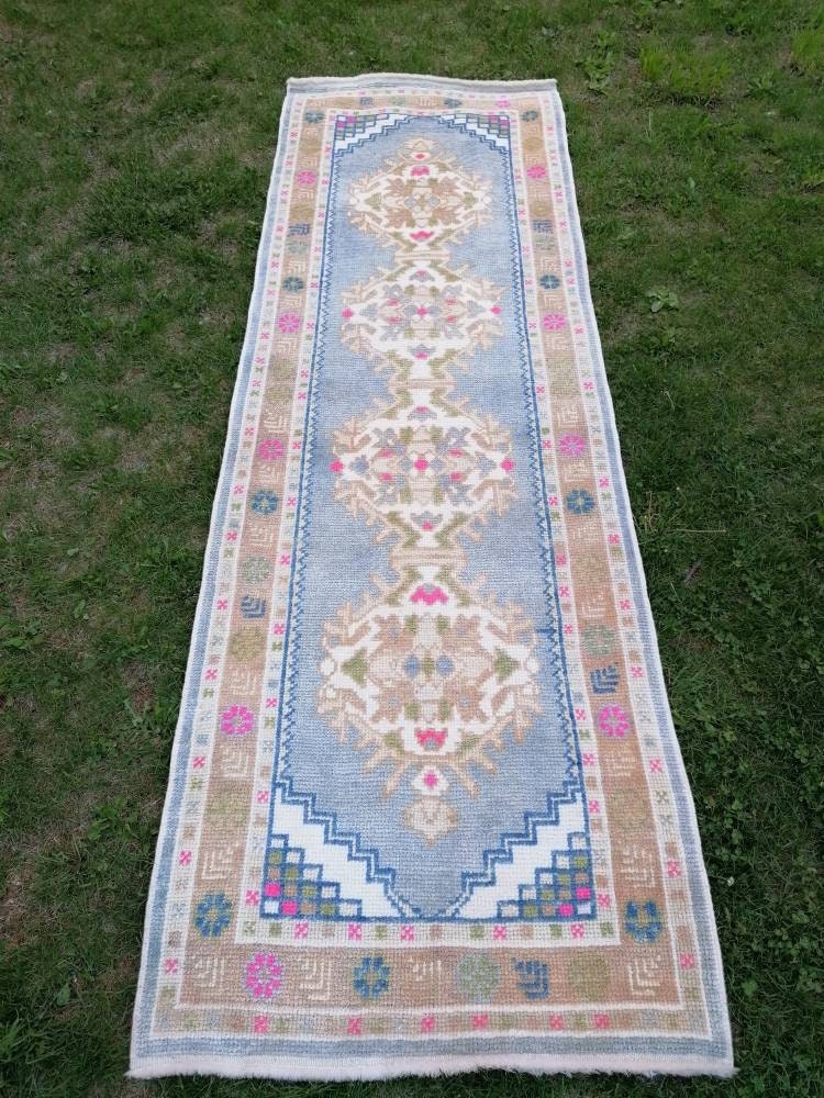 2'10x8'10 blue turkish oushak runner, new production hallway handmade runner turkish runner rug kitchen runner