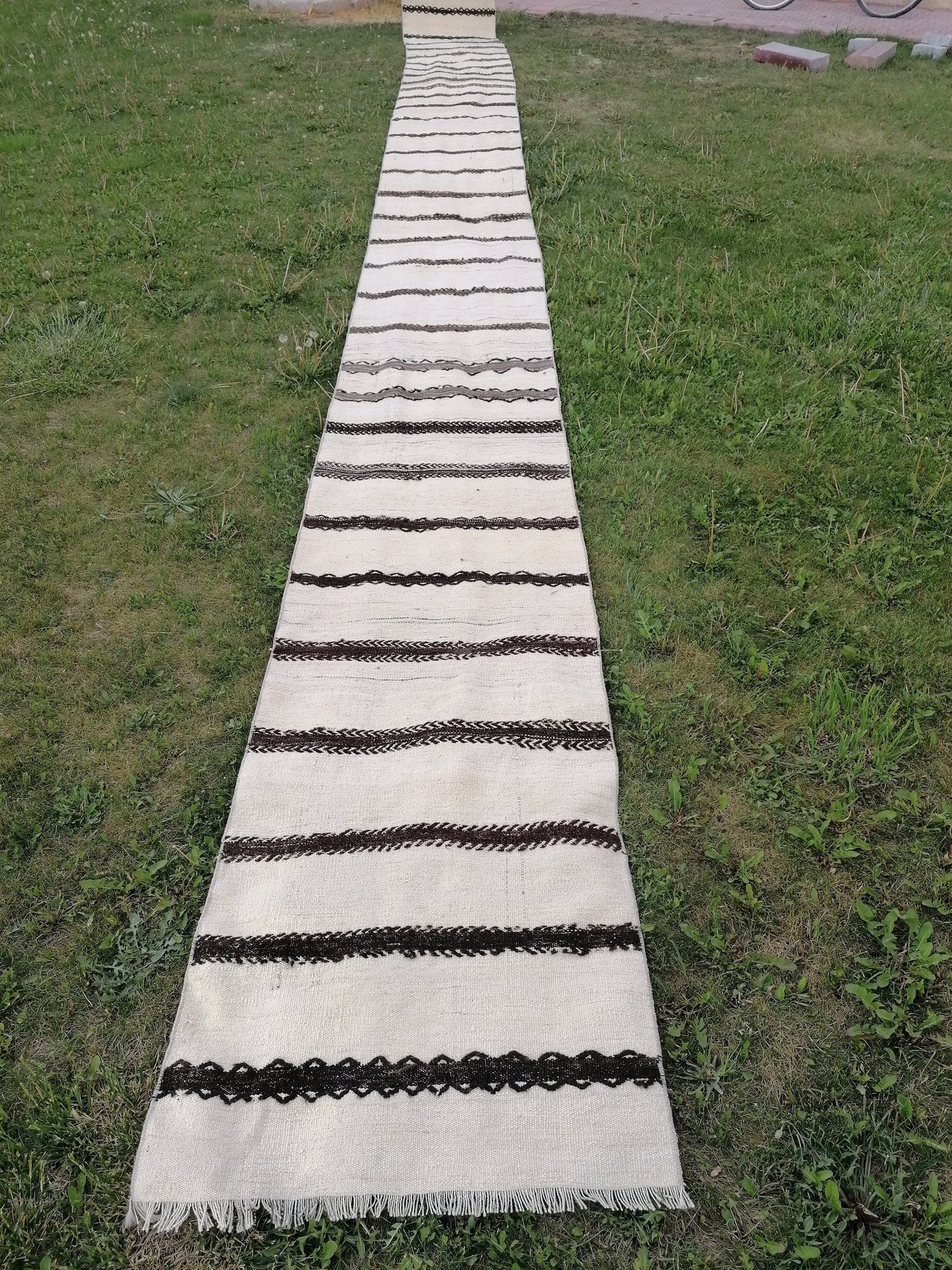 2.6 x 33 Neutral extra long runner rug, flatweave kilim runner, stripe handmade runner rug, turkish woven runner, no dye runner rug