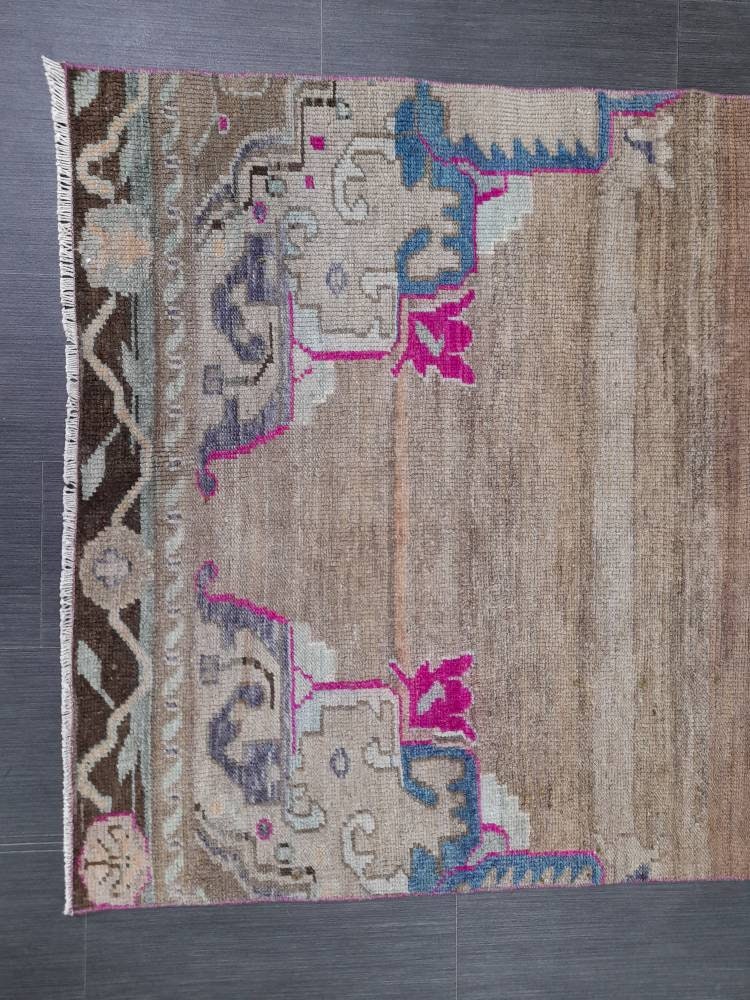 Vintage Runner Rug 3.6 x 10.5 Turkish Runner Rug Varigated Brown Vintage Runner Rug Hallway Runner Rug Kitchen Runner Rug Wool Runner