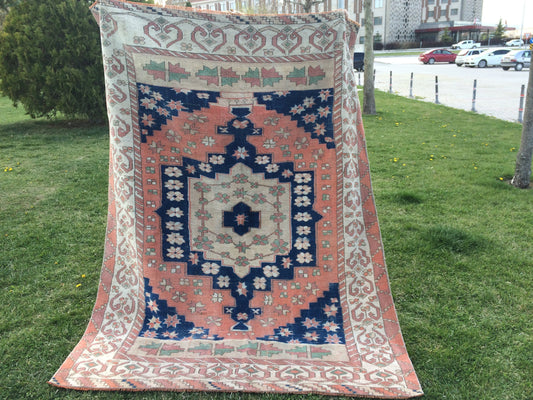 7 x 5 Large Area BOHEMIAN Rug, Vintage Oushak Rug, Special Rug, Oushak Rug, Vintage Turkish Rugs, WOOL RUGS, High Quality Blue Rugs
