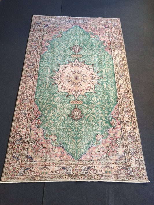 5x9 GREEN And PINK LARGE Area Rug Vintage Pastel colors Vintage Rug Hand Made Oushak Rug Distressed Colors Rug Earth Tones Rug Wool Pile rug