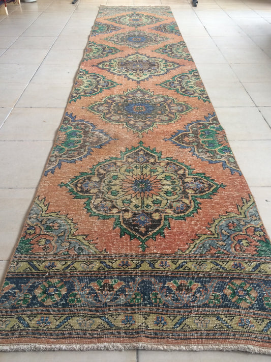 2.8 x 12.4 Ft Runner Rug Pastel colors Vintage Runner Rug Oushak Runner Rug Turkish Runner Rug Muted Persian Runner Rug Rustic Runner Rug