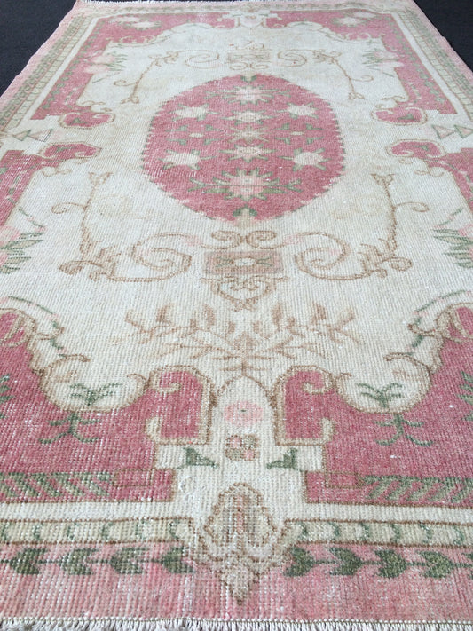 Turkish Rugs PINK Area Rug Pastel colors Vintage Rug Hand Made Oushak Rug Distressed Colors Rug MUTED Rug Wool Pile Rug Rustic Rugs