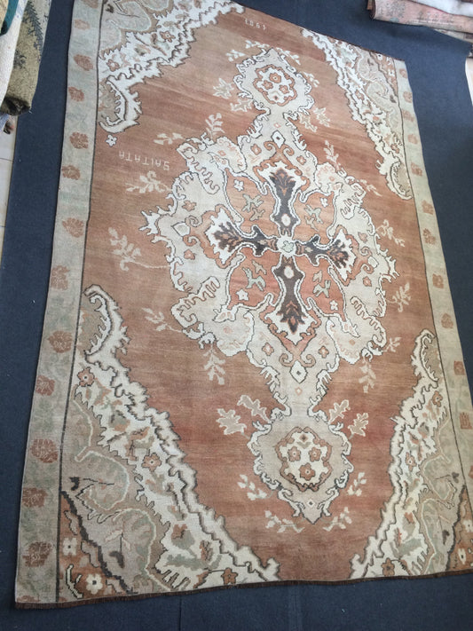 Large Area OUSHAK RUG TURKISH Neutral Rug Vintage 7 x 10.5 Oushak Brown Rug Vintage Rug Wool Kars Rug Hand Made Rugs Wool Hand Knotted Rug