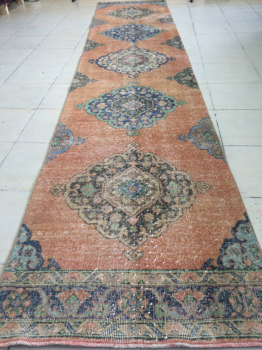 12.7 x 2.7 Ft Turkish Runner Rug Oushak Runner Rug Pastel colors Vintage Runner Rug Hand Made Oushak Runner Rug Rustic Runner Rug