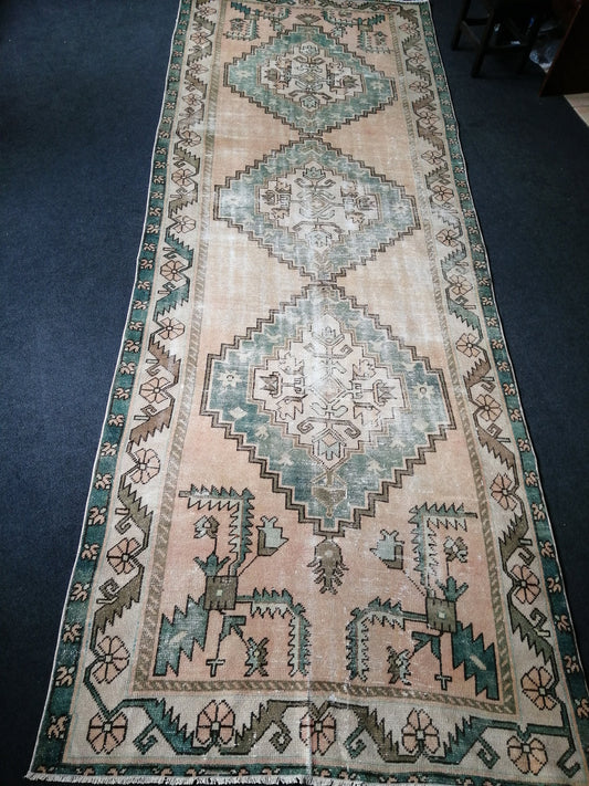 12.5 x 4.7 Large Vintage Rugs TURKISH HAND MADE Rugs Green Vintage Turkish Rugs Oushak Rug Turkish Oushak Rug, Vintage Oushak Rug